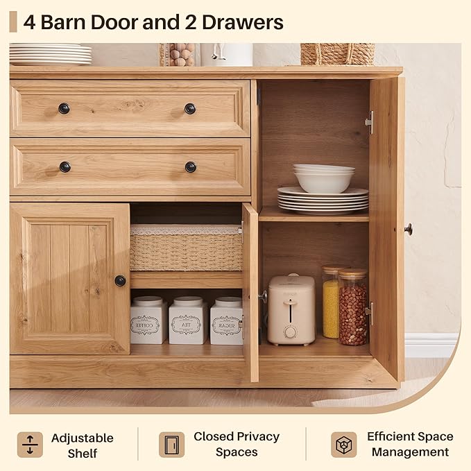 Farmhouse 58" Buffet Cabinet with Storage, 34" Tall Sideboard Cabinet w/2 Large Drawers & 4 Grooved Barn Doors, Wood Rustic Sideboard for Dinning Room, Kitchen, Living Room,Natural