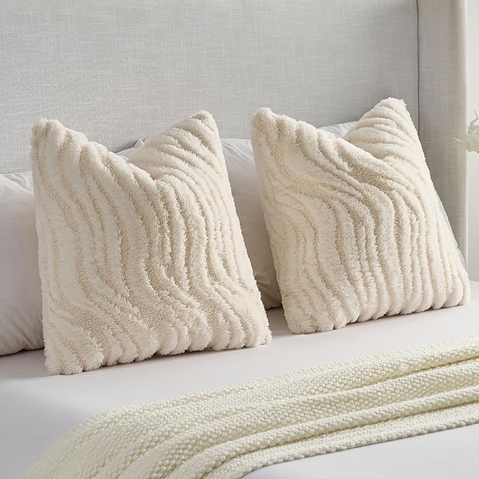 FUTEI Cream Decorative Throw Pillow Covers 24x24 Inch Set of 2,Soft Faux Fur Geometric Shapes Texture European Cushion Case,Boho Home Decor for Couch Bed Living Room