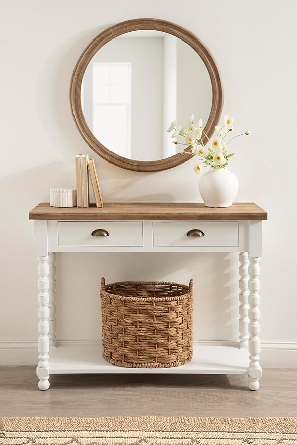 Kate and Laurel Rutledge Coastal Wooden Console Table with Shelf; 40 x 14 x 33; Hazelnut and White; Traditional Wood Entryway Table with Drawers and Decorative Turned Legs for Entry Storage Options