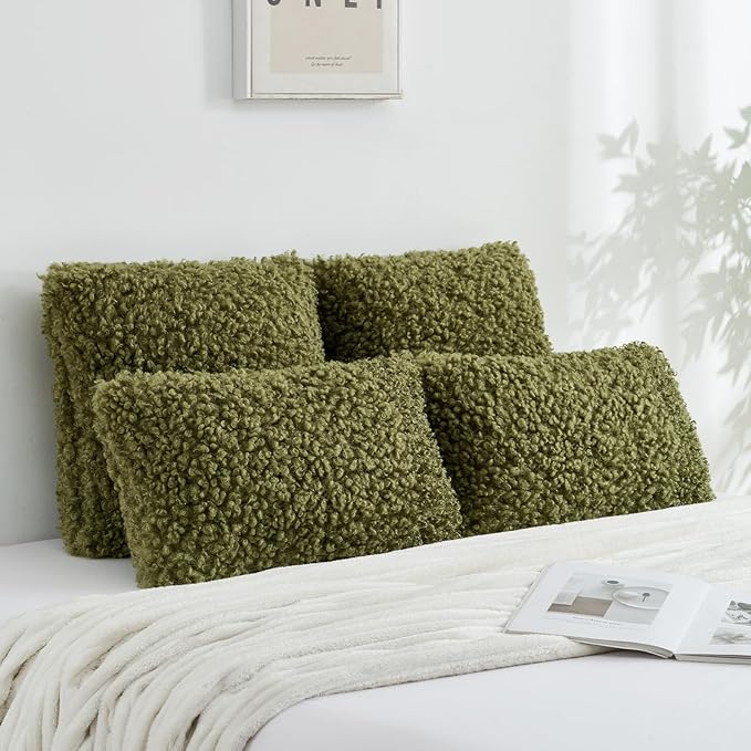 FUTEI Olive Green Decorative Throw Pillow Covers 26x26 Inch Set of 2,Soft Fluffy Faux Wool Fur Boucle Textured Euro Pillow Shams,Modern Home Decor for Couch Bed Living Room Office
