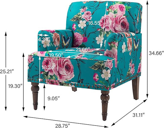 UIXE Floral Accent Chair, Living Room Arm Chairs Modern Nailhead Trim Club Armchair with Wood Legs, Comfy Upholstered Sofa Lounge Seat Reading Seat Bedroom Side Seating for Home Office