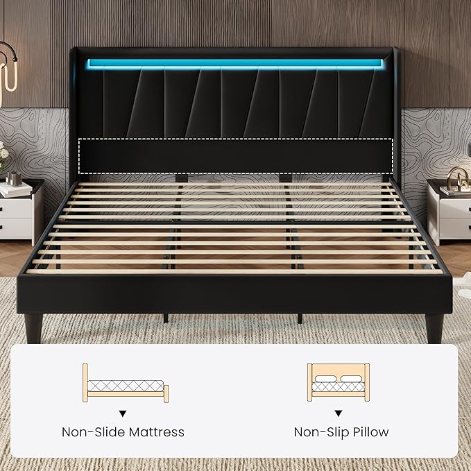 SHA CERLIN King Size Bed Frame with Charging Station and LED Lights, Modern Velvet Platform Bed with Upholstered Geometric Wingback Headboard, No Box Spring Needed, Easy Assembly, Black