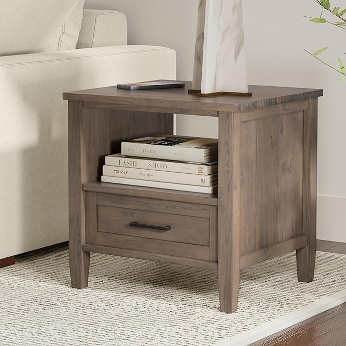 SIMPLIHOME Ela SOLID WOOD 20 inch Wide Rectangle Transitional End Table in Smoky Brown for the Living Room and Bedroom