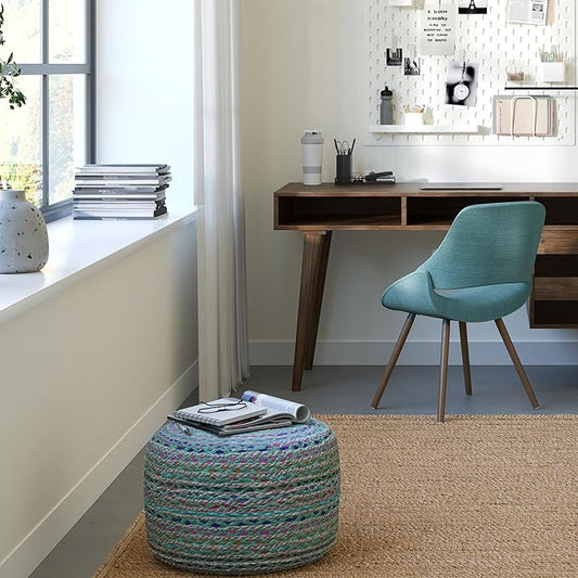 SIMPLIHOME Margo Boho Round Pouf in Green Braided Jute for the Living Room, Bedroom and Kids Room