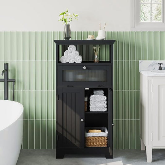 ChooChoo Freestanding Bathroom Cabinet with Flip Glass Drawer, 2 Doors, Adjustable Shelf, Open Storage for Bathroom, Living Room, Hallway, Black