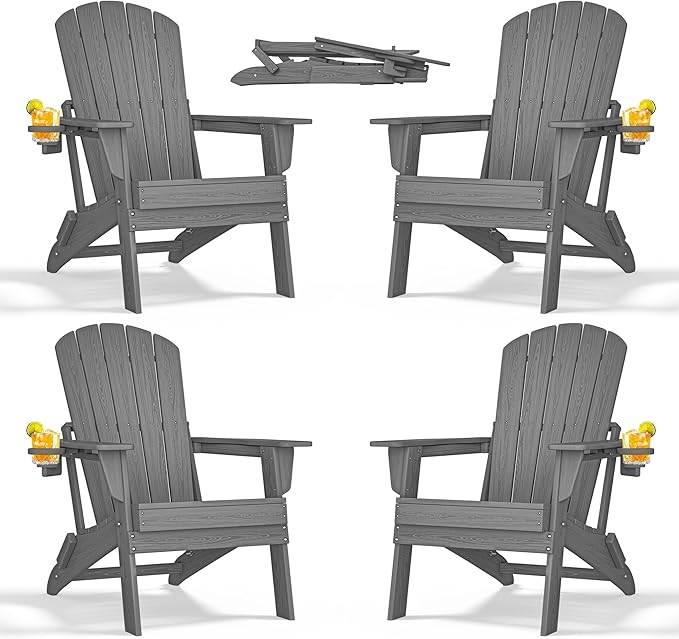 nevilywood Folding Adirondack Chair with Cup Holder Set of 4, HDPE Patio Chairs,All-Weather Outdoor Chairs for Backyard, Deck,Fire Pit-Grey
