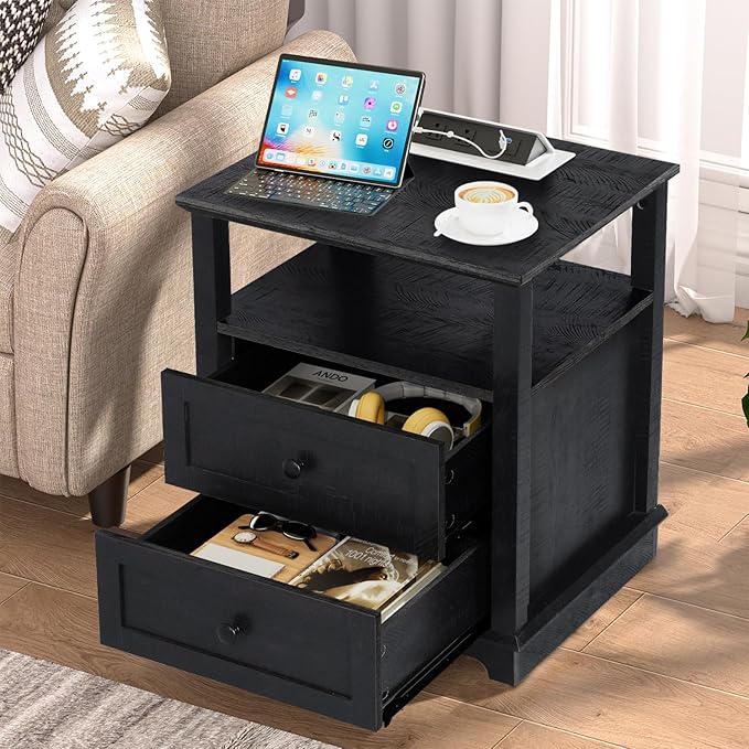 HIFYOBRO Large End Table Set of 2, 2 Drawers and Charging Station, Type-C & USB Port & Power outlets, Wooden End Table, Side Table with Storage for Living Room and Bedroom (Espresso)