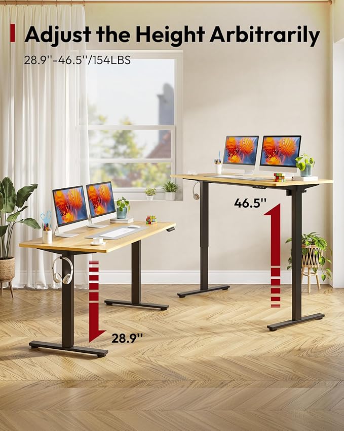 SANODESK Electric Standing Desk 55 x 28 Inches Whole-Piece Desktop Height Adjustable Stand Up Desk w/6-Button Controller Ergonomic Computer Desk for Home Office, Black Frame + Natural Tabletop