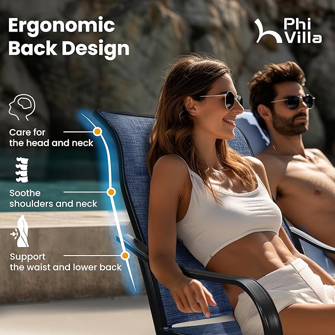 PHI VILLA Patio Swivel Dining Chairs Set of 2, All Weather Outdoor Chair with Padded Textilene & Black Metal Frame for Outdoor Lawn Garden Pooside (Blue)