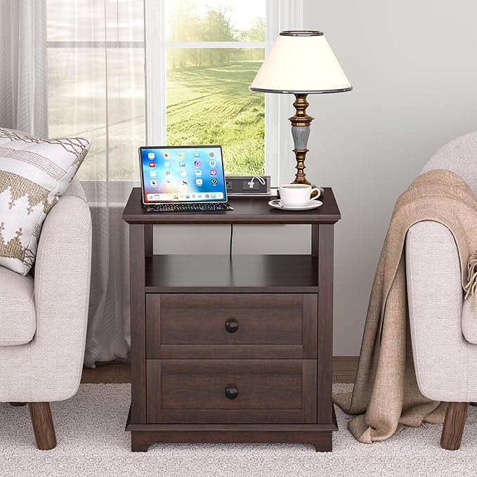 HIFYOBRO Large End Table Set of 2, 2 Drawers and Charging Station, Type-C & USB Port & Power outlets, Wooden End Table, Side Table with Storage for Living Room and Bedroom (Espresso)