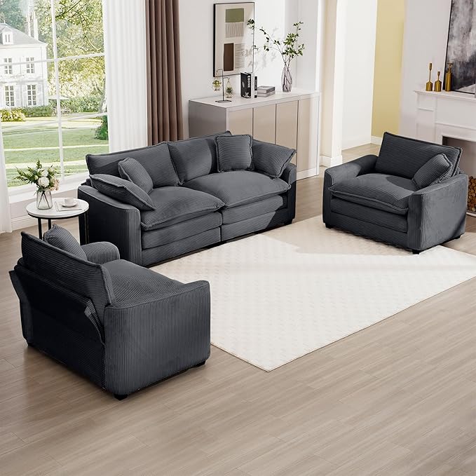 mikibama Luxury 3 Piece Sofa Set, Loveseat Couch & 2 Single Sofa Set, Modern Corduroy Comfy Cloud Couches Set for Living Room Office with 2 Armrest Pillows and 4 Toss Pillows, Grey