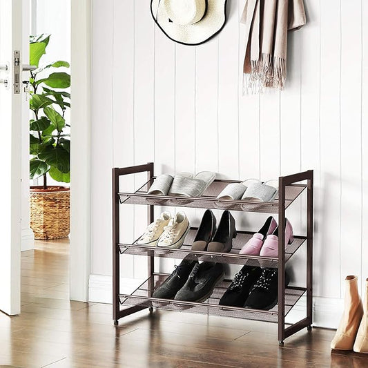 SONGMICS Shoe Rack, 3-Tier Shoe Organizer, Metal Shoe Storage for Garage, Stackable Shoe Shelf, with Adjustable Flat or Angled Shelves, 9-12 Pairs, Bronze ULMR03A