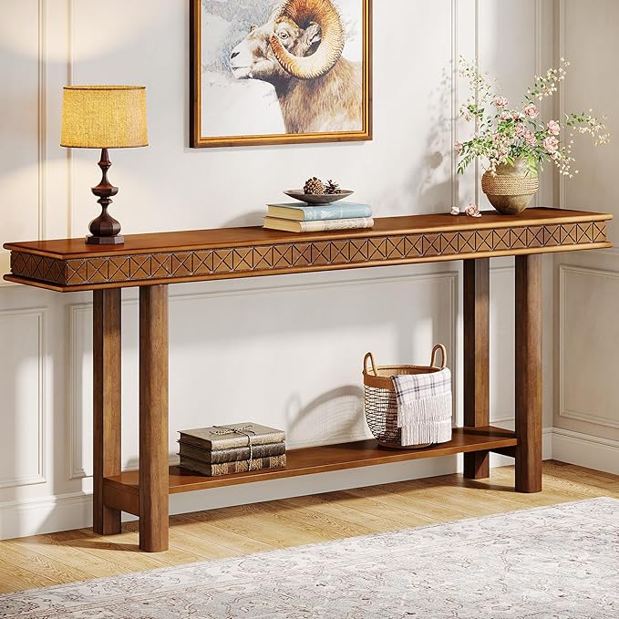 Tribesigns 70.9-Inch Extra Long Console Table, Solid Wood Sofa Table Behind Couch Narrow Long, 2-Tier Entryway Accent Table with Storage for Living Room, Hallway, Entrance, Foyer, Rustic Brown