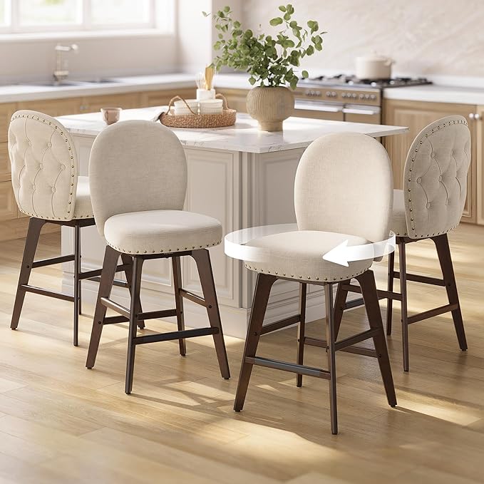 VASAGLE Bar Stools Set of 4, Swivel Counter Height Bar Stools with Back and Wood Legs, Chenille Fabric Upholstered Barstools, 26.2-Inch Tall Counter Barstools for Kitchen Island, Cappuccino Beige