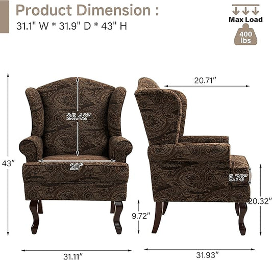 Pia Ricco High Back Floral Accent Chair, Upholstered Fabric Armchair with Solid Wood Legs - Retro Living Room Reading Chair, Comfortable Single Sofa Seat-Cranberry