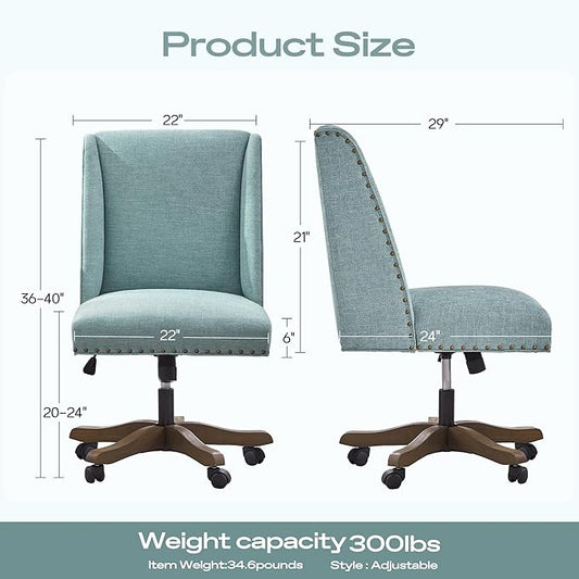 Armless Office Chair with Wooden Legs, Modern Adjustable Upholstered Home Office Desk Chair No Arms Sewing Chair Swivel Chair for Home Office Study Studio (Teal)