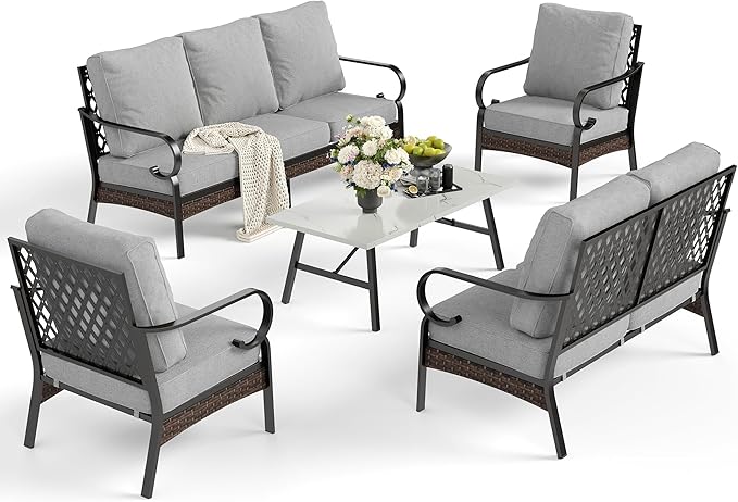 5 Piece Metal Outdoor Patio Furniture Set, Patio Conversation Sets 1 3-Seater Sofa, 2-Seater Sofa, 2 Fixed Sofa with 5.75" Cushion & Coffee Table Black Backyard Furniture, Light Gray