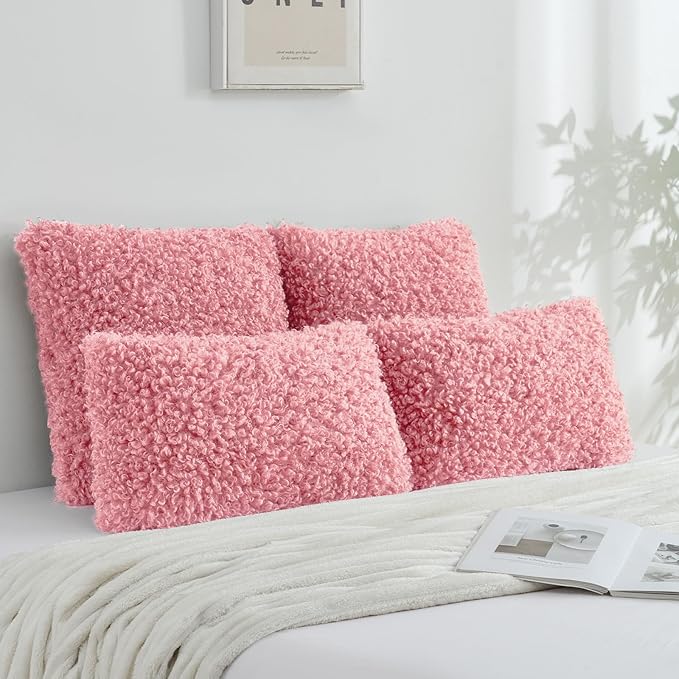 FUTEI Pink Decorative Throw Pillow Covers 26x26 Inch Set of 2,Soft Fluffy Faux Wool Fur Boucle Textured Pillow Shams,Modern Home Decor for Couch Bed Living Room Office