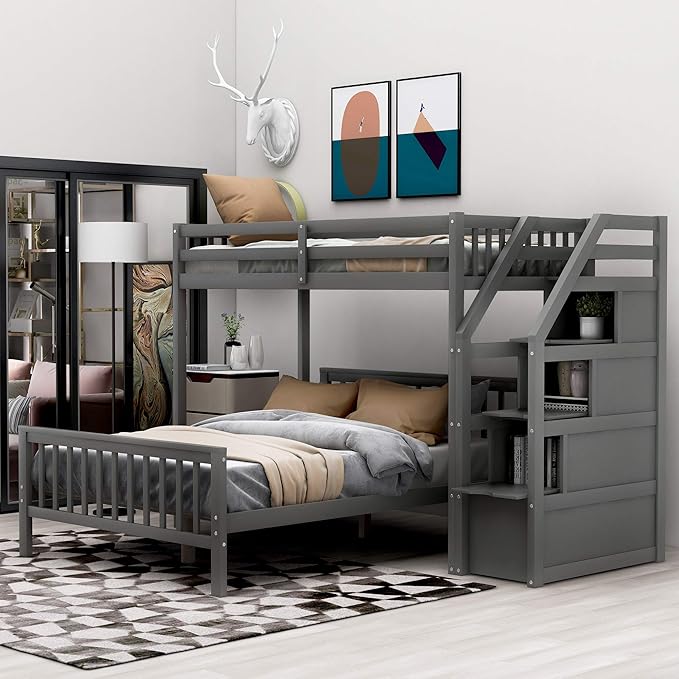 Twin Over Full Wood Loft Bed with Staircase,High Guardrails and Ladder-Handrails,Ladder W/ 3 Storage Grids,Bedroom Furniture for Children,Teens,Adults,Gray