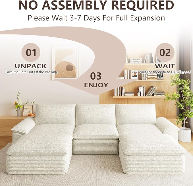 113.03" Sectional Couches for Living Room Modern Modular Sofa with U-Shape Couchs Upholstered Corduroy Boneless Couch Deep Seat Cloud Couch with Ottoman, No Assembly Required, White