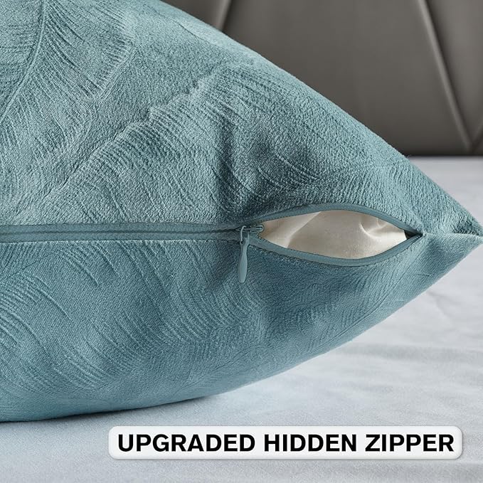 FUTEI Grey Blue Velvet Throw Pillow Covers 24x24 Inch Set of 2,Soft Embossed Leaf-Relief Textured European Cushion Cases,Natural Home Decor for Couch Living Room