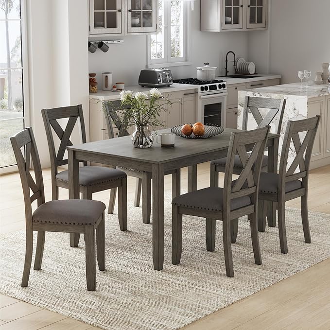 Signature Design by Ashley Caitbrook Rustic 7-Piece Dining Set – Rectangular Table with 6 X-Back Upholstered Chairs, Gray