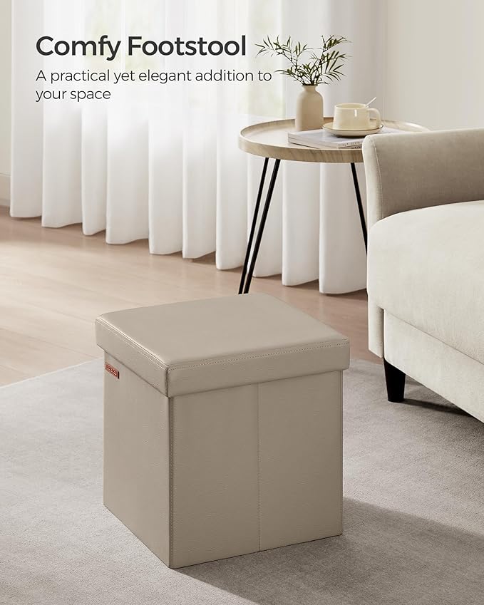 SONGMICS Mazie Collection - 15 Inches Ottoman with Storage, Footstool, Storage Ottoman, Load 660 lb, for Dorm, Living Room, Bedroom, Synthetic Leather, Camel Brown ULSF010K03