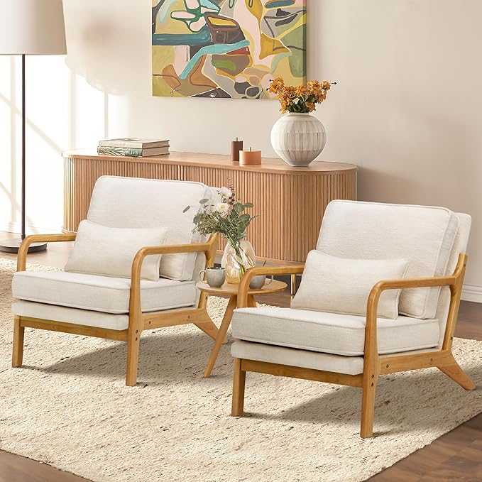 COLAMY Mid Century Modern Accent Chair Set of 2 with Lumbar Pillow, Relaxing Armchair with Solid Wood Frame & Soft Cushion, Reading Leisure Chair for Living Room(Beige)