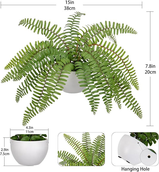 Hollyone Artificial Fern Potted Plant for Outdoors Indoors Lifelike Faux Boston Fern Artificial Plants in White Pot for Garden Patio Home Farmhouse Windowsill Office Decoration