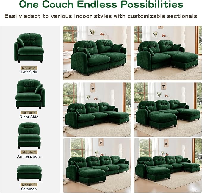 140" L Shaped Sofa for Living Room, Comfy Chenille Fabric Cloud Sectional Couch, Modern Upholstered Deep Seat Sofa with Pillow and Movable Ottoman, Oversized 4 Seater Sectional Sofa, Green