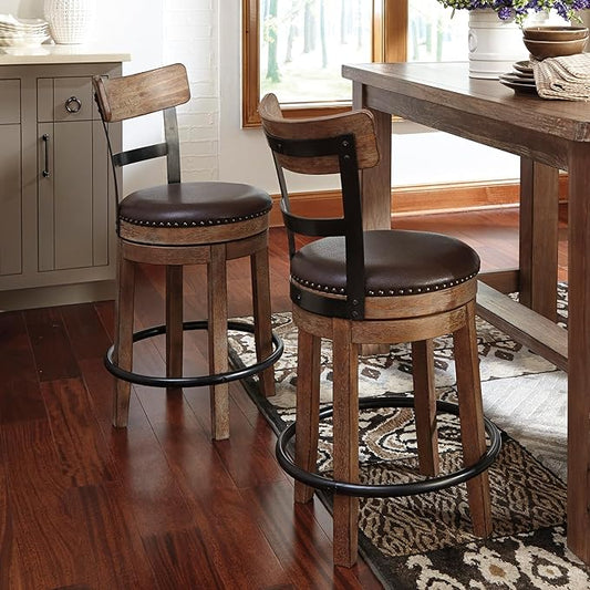 Signature Design by Ashley Pinnadel |24.25" Counter-Height Swivel Bar Stool – Modern Farmhouse, Faux Leather, 360° Swivel, Nailhead Trim, Rustic Light Brown