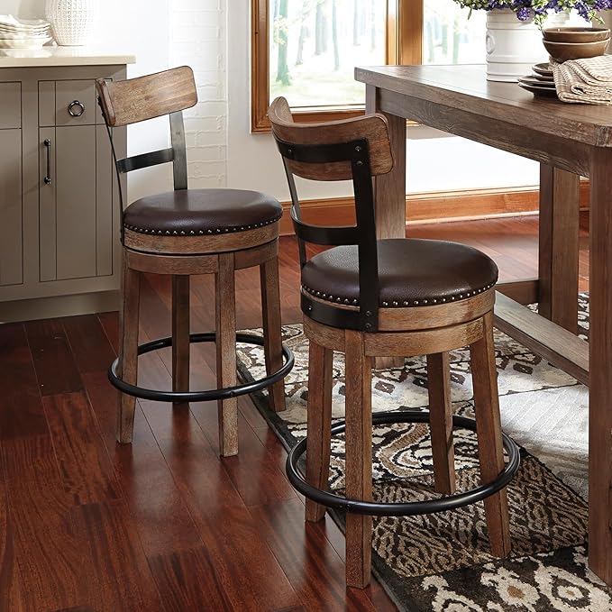 Signature Design by Ashley Pinnadel |24.25" Counter-Height Swivel Bar Stool – Modern Farmhouse, Faux Leather, 360° Swivel, Nailhead Trim, Rustic Light Brown