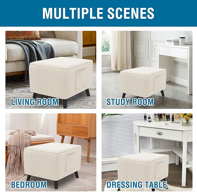H.VERSAILTEX Sturdy Ottoman Cover Linen Look Ottoman Slipcover with Storage Side Pocket Thick Footrest Stool Covers with Elastic Band for Square Ottoman Fit Length 36"-37" Footrest - Heather Ivory
