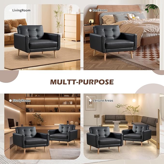 CANMOV 29" W Oversized Leather Accent Chair, Armchair Button Back, Mid Century Modern Accent Chairs for Living Room, Modern Upholstered Bed Room Chair Cozy Armchair with Wood Legs, Black