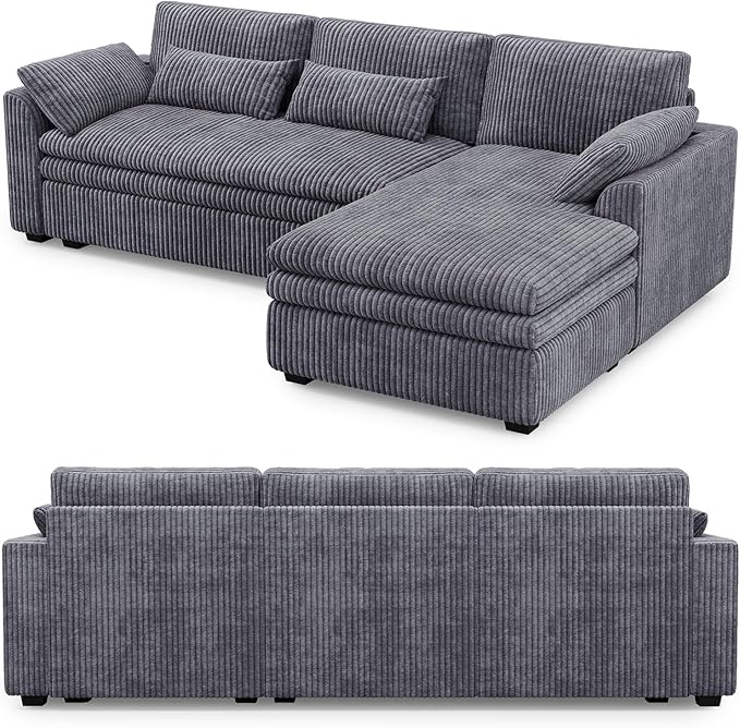 Belffin Large Modular Sectional Sofa with Deep Chaise, 104" Corduroy L Shaped Couch with 9" Soft Dual-Layer Seats Cushion for Living Room, Apartment, Light Grey