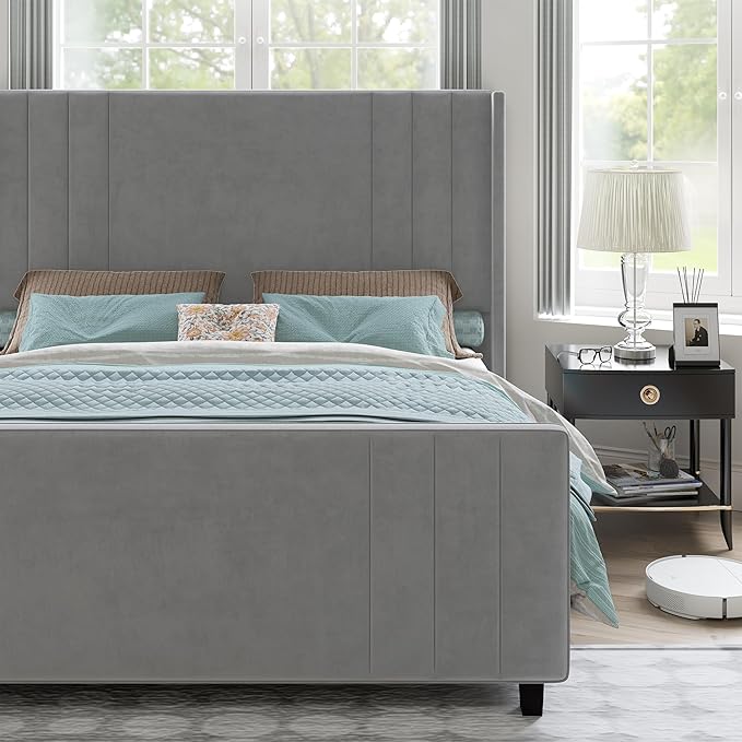 AMERLIFE Queen Size Bed Frame, Velvet Upholstered Platform Bed with Vertical Channel Tufted Headboard & Footboard/Wingback, Mattress Foundation with Wood Slats, No Box Spring Needed, Light Grey