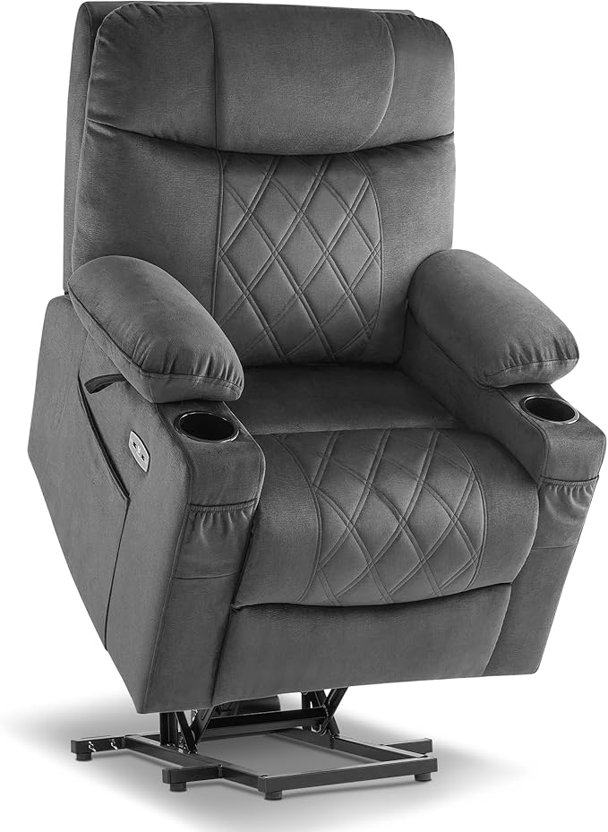 MCombo Small Size Triple Motor Power Lift Recliner Chair Sofa with Massage and Dual Heating, Adjustable Headrest for Elderly People Petite, USB Ports, Extended Footrest, Fabric 7222 (Dark Grey)