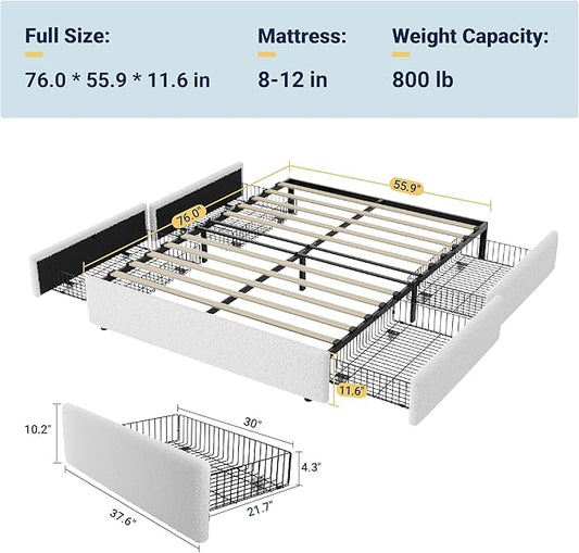 Allewie Full Size Bed Frame with 4 Oversized Storage Drawers, Soft Teddy Fabric, Boucle Upholstered Platform Bed, Wooden Slats Support, Noise-Free, No Box Spring Needed, Easy Assembly, White