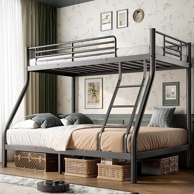 Bunk Beds Twin Over Full Size, Heavy Duty Bunk Beds with Bottom Space & Guardrail Metal Bunk Bed Frame for Adults Dorm Bedroom Guest Room, No Box Spring Needed(Upgrate Black)
