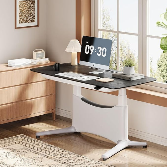 COLAMY Electric Standing Desk, Whole-Piece Gaming Desk with Dual Motors, Ergonomic Footrest, Drawers for Storage, Adjustable Height Sit-Stand Desk for Home Office (Veneer Desktop, Black Oak + White)