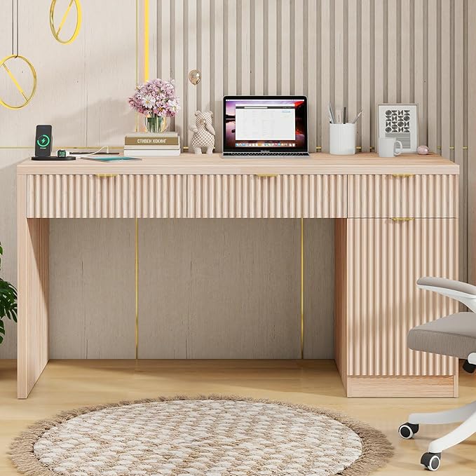 60" Executive Desk with Fluted Drawers, Wood Home Office Desk with Storage Cabinet, Charging Station, Fluted Computer Writing Desk for Study, Living Room, Natural Oak.