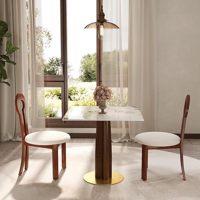 Sintered Stone Square Office Table and Chair Set - Meeting Table for Small Offices (Walnut Leg and Pandora Top, 1 Table and 2 Chairs)
