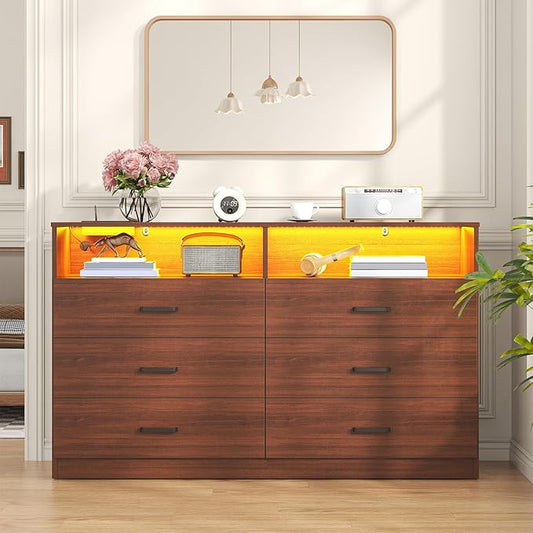 Bigbiglife Dresser for Bedroom, 6 Drawer Dresser with Charging Station and Led Light, Modern Chest of Drawers for Bedroom, Living Room (Walnut Brown)