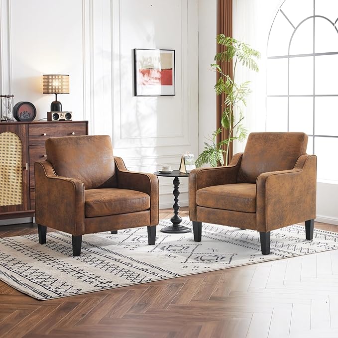 VINGLI Accent Chairs Set of 2 Living Room Chairs Rustic Reading Chair for Bedroom Scooped Arm Chair Mid Century Modern Accent Chairs Upholstered Comfy Chair for Apartment, Waiting Room