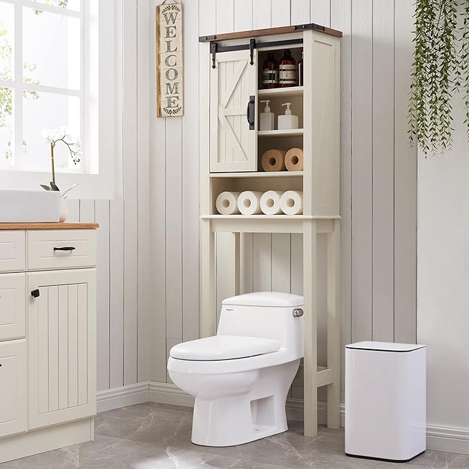 OKD Over The Toilet Storage Cabinet, Farmhouse Storage Cabinet Over Toilet with Sliding Barn Door & Adjustable Shelves, Home Space Saver for Bathroom, Living Room, Rustic Oak with Antique White