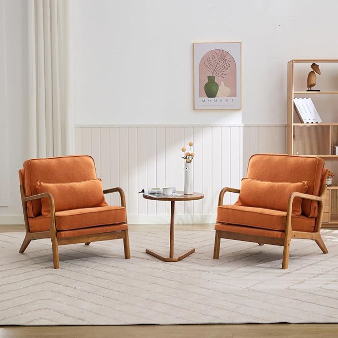 Mid-Century Accent Chair,Linen Fabric Lounge Chair with Wide Armrest, Armchair with Lumbar Pillow & Solid Wood Frame for Living Room, Bedroom, Reading Nook(Orange)