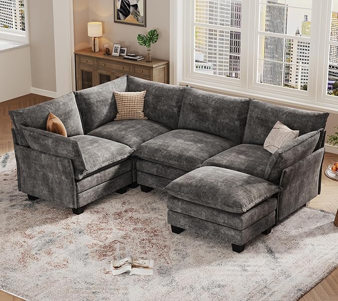 KKL Modular Sectional Sofa, J-Shaped 5 Seater Convertible L-Shaped Cloud Couch with Ottoman, Chenille Modern Sectional Couches for Living Room, Apartment Grey
