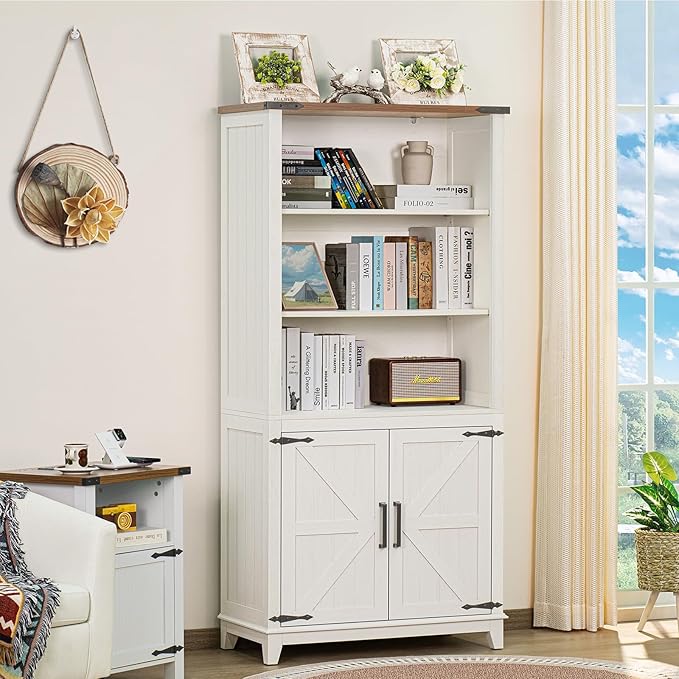 5 Tier Bookshelf 70in Tall Bookcase with Barn Doors and Storage Cabinet, White Farmhouse Book Shelf with Adjustable Shelves, Wood Freestanding Display Bookshelves for Bedroom, Kitchen (2PCS)