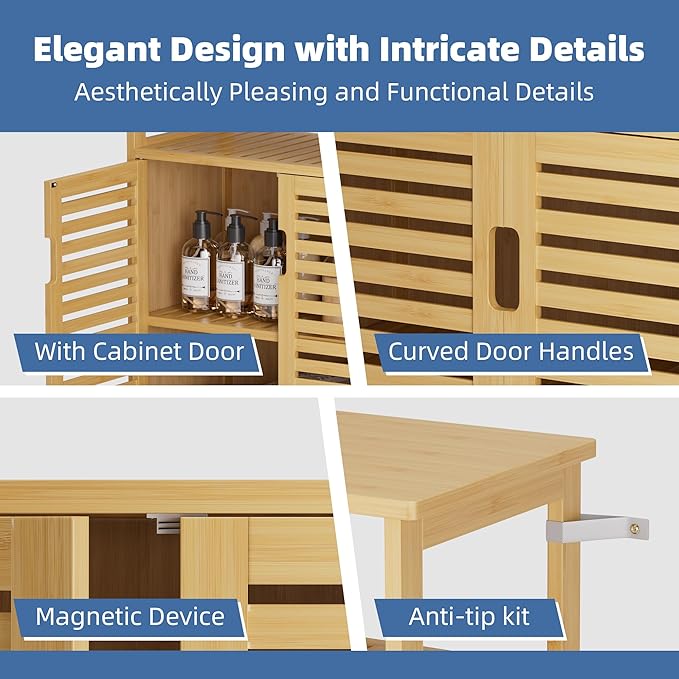 HITNET Bathroom Cabinet Freestanding, Bamboo Storage Cabinet 4-Tier Floor Cupboard with Door and Shelf for Bathroom, Kitchen, Hallway, Natural