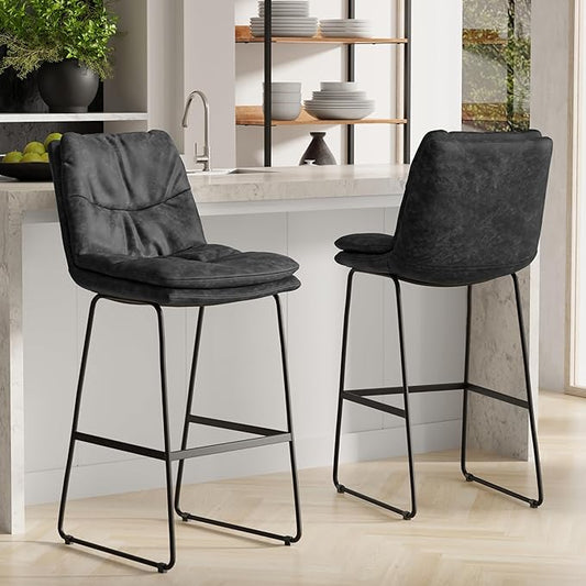 SIMPLIHOME Danika Bar Stools (Set of 2) - 29 inch Seat Height Upholstered Metal Bar Chairs in Distressed Charcoal Grey Vegan Faux Leather, Mid Century Seating for Kitchen with Tufted Pillow-Top Seat
